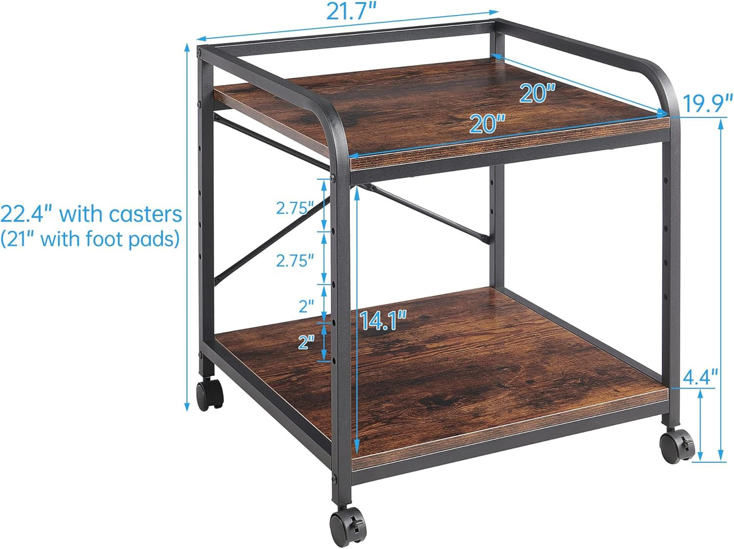 Under Desk Printer Stand, 20 Inches Deep Large Printer Table with Height Adjustable Storage Shelf, 2 Tier Rolling Printer Cart with Wheels for Home Office - Rustic Brown