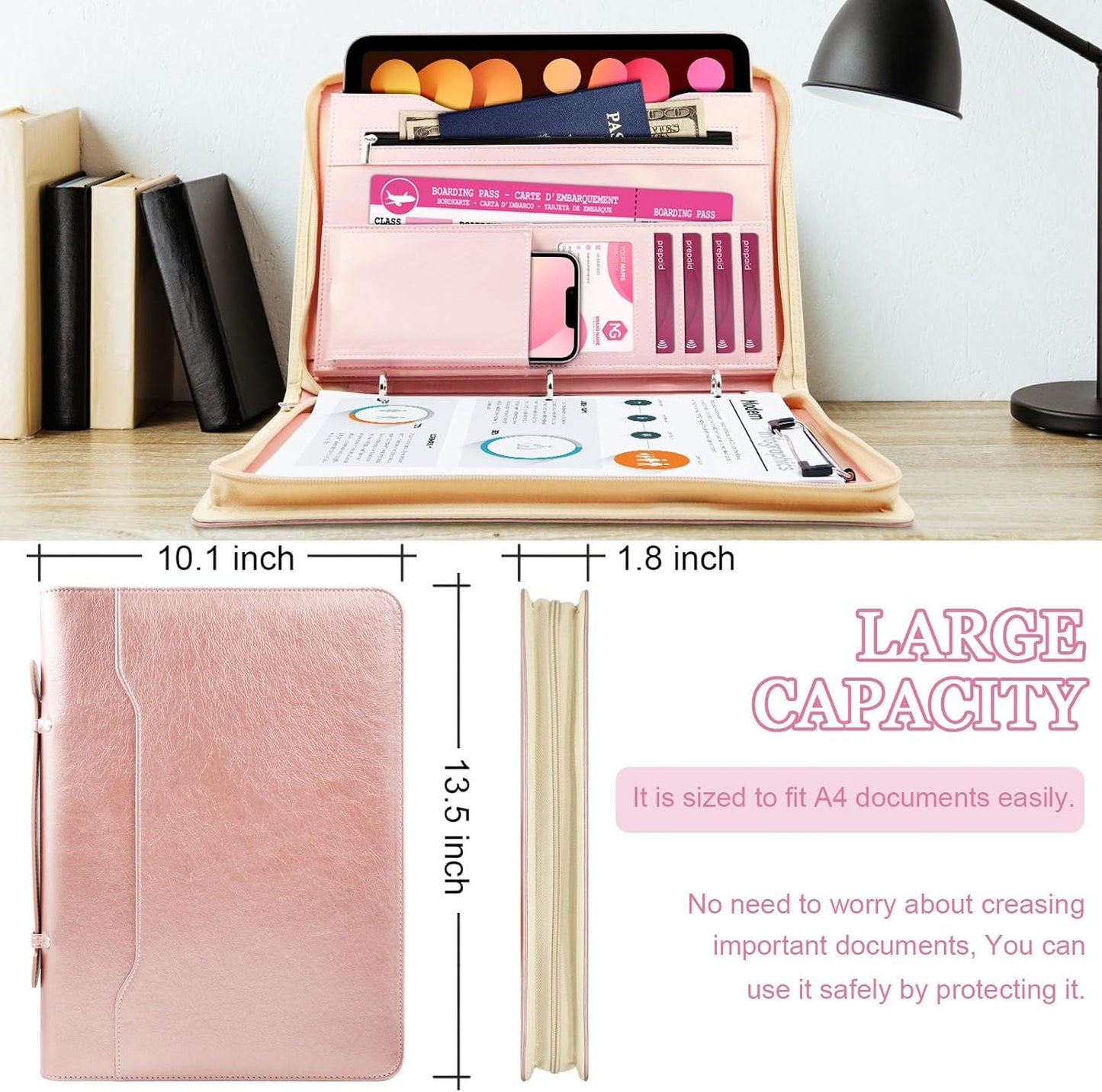 Faux Leather Portfolio Binder with Handle & Clipboard, Zippered Padfolio Folder Organizer 3 Ring Binder for Document, Business Card Holder, Professional Portfolio Notebook for Men & Women (Rose Gold)