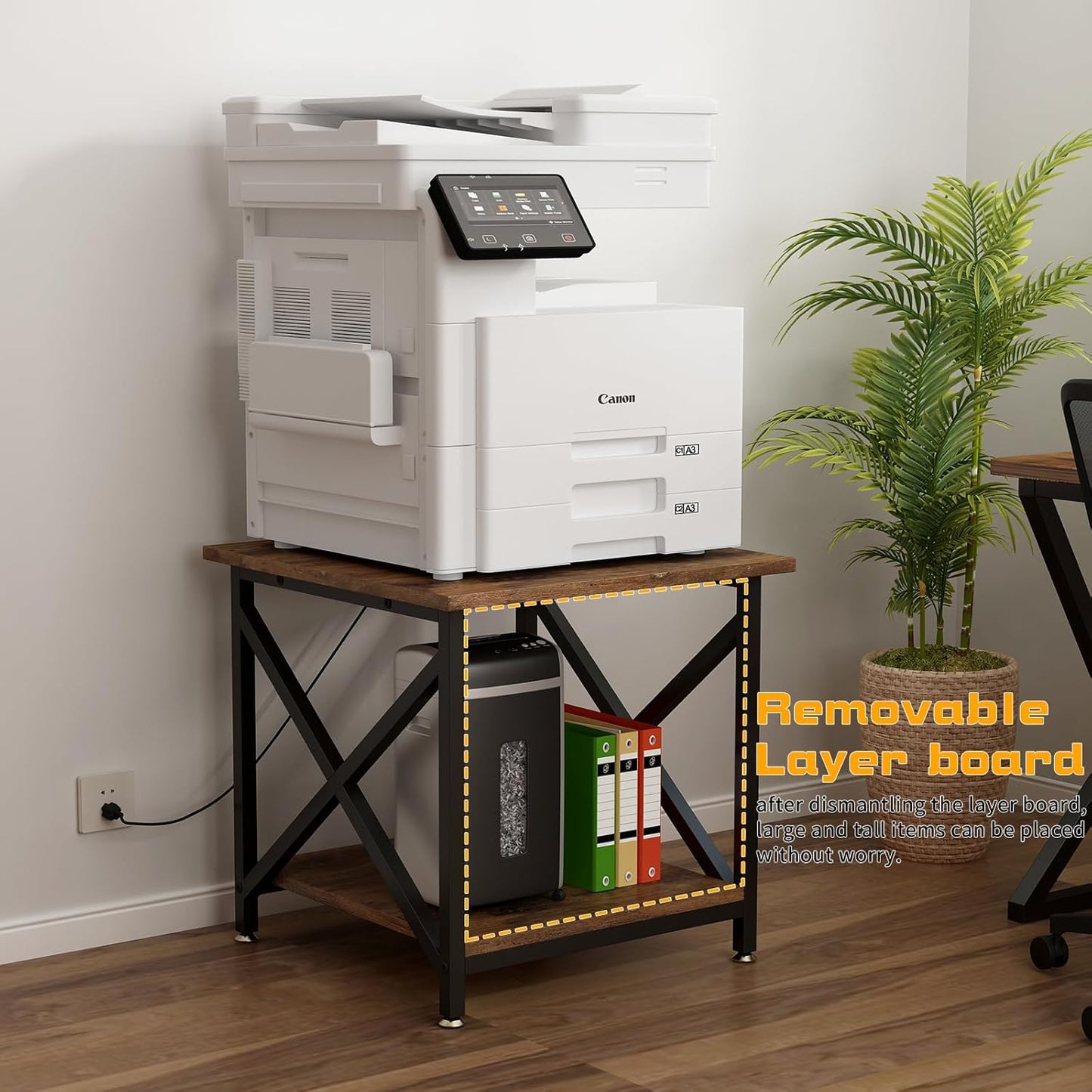 Large Printer Stand with Power Outlet, with Storage Shelf, 2 Tier Rolling Printer Cart with Industrial Wheels, 23.6 x 23.6 Inches Printer Table for Home Office,Rustic Brown