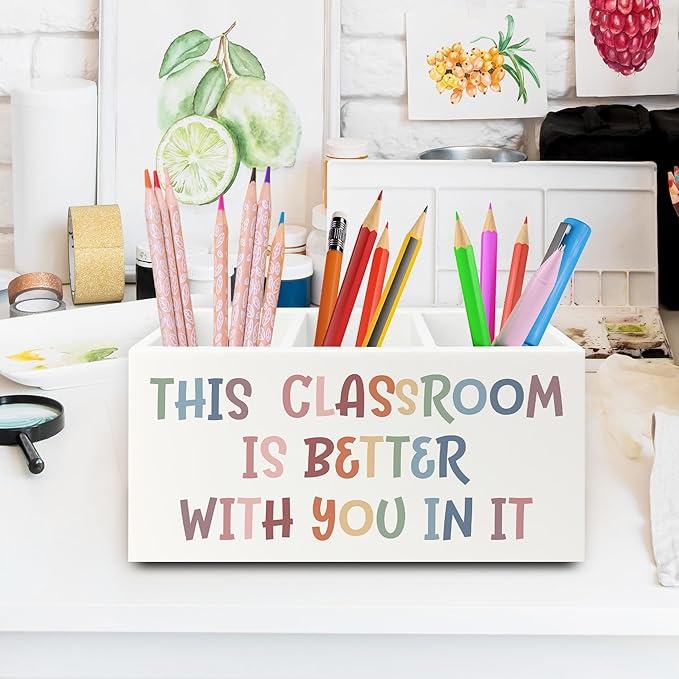 Boho Classroom Pen Pencil Holder Organizer for Desk, Inspirational Gifts, This Classroom is Better with You In It Wooden Box Sign for Home Office Desk Tabletop Decorations