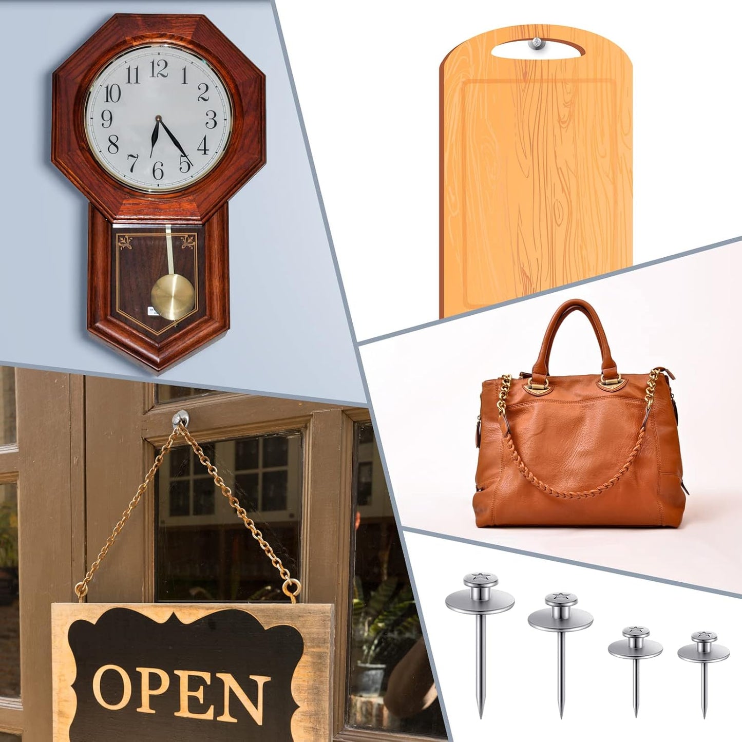 Zhengmy 40 Pcs Double Headed Picture Hangers Nails 4 Size Long Thumb Tacks Wall Nails for Hanging Pictures Decorative Push Pins Hooks for Drywall Photo Office Home Decor, 20/30/ 40/ 50lb(Silver)