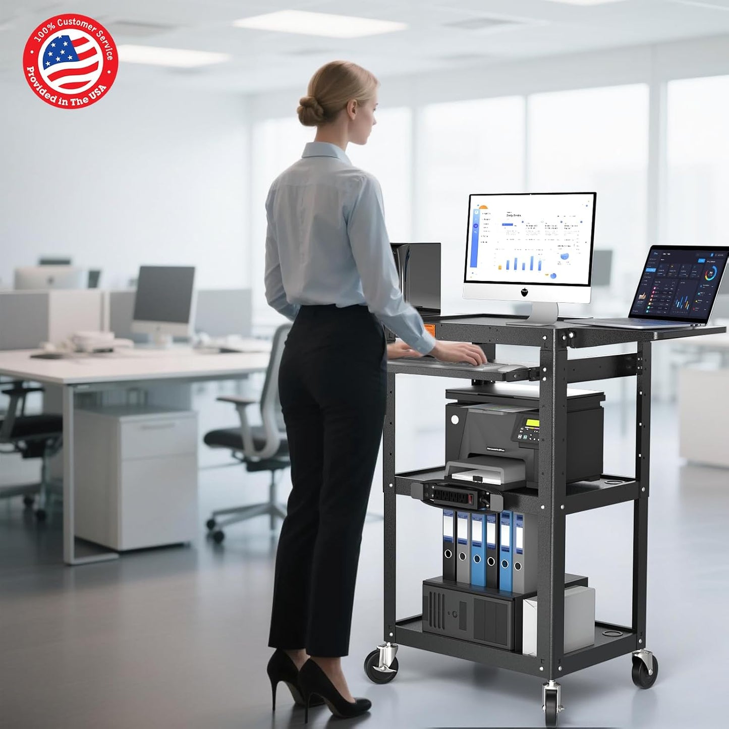 Large Steel AV Cart with Power Strip & Drop Leaves - Height Adjustable Metal Madia Cart with Wheels - Heavy Duty Rolling Computer Workstation for Laptop Projector Printer TV, Black (46" x 18")