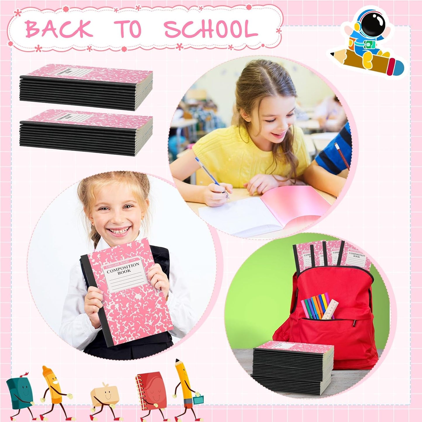 Fainne 100 Pack A5 Composition Notebooks Bulk College Ruled Composition Notebooks Marble Covers Notebook for Student Classroom Office Supplies 30 Sheet/60 Page(Pink)