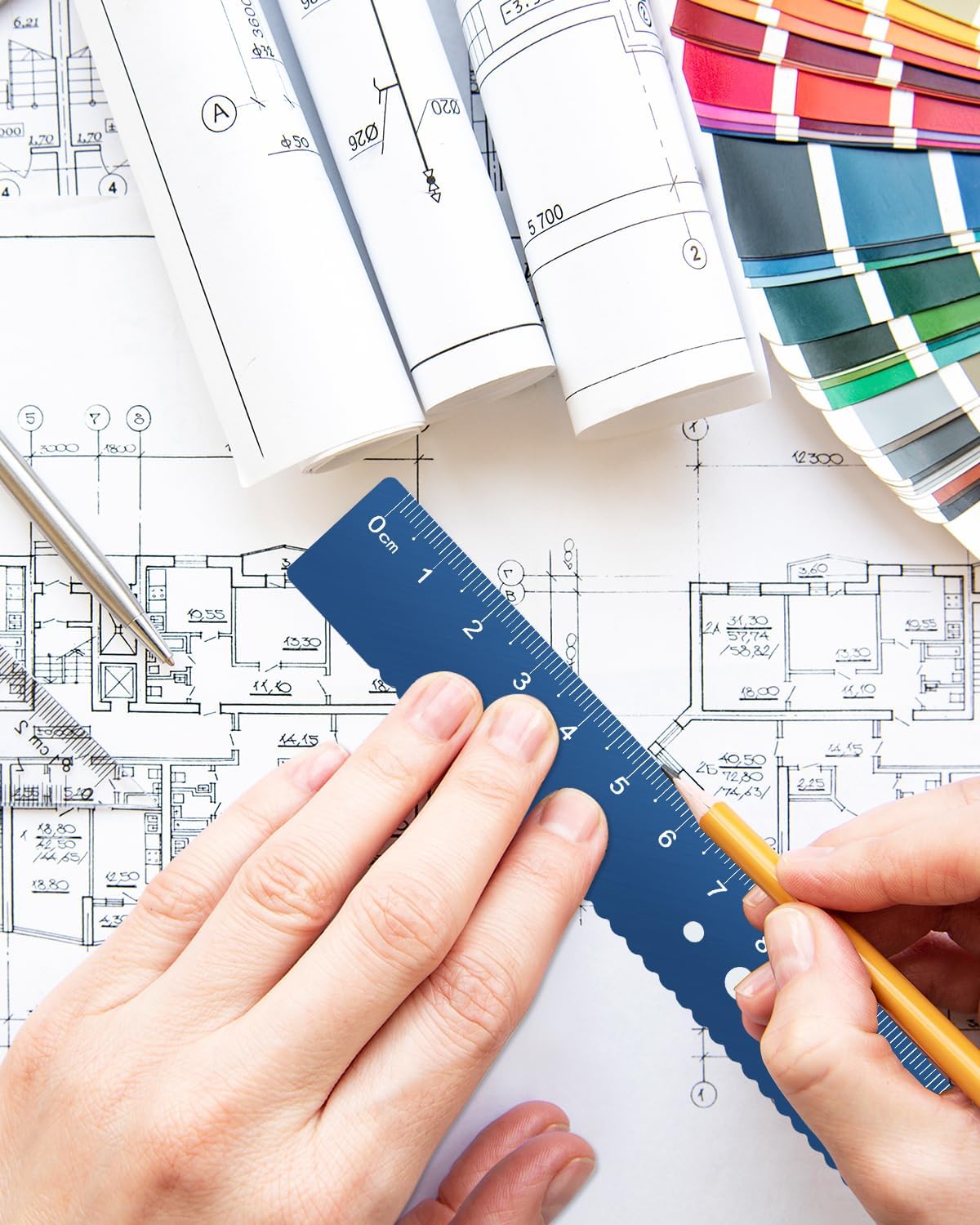 Honagu Triangular Ruler Set, 8 Pieces/2 Sets Aluminum Alloy Ruler, Metal Drafting Ruler, Geometric Protractor for Students, Draftsmen, Engineers, School Office Supplies (Blue+Purple)