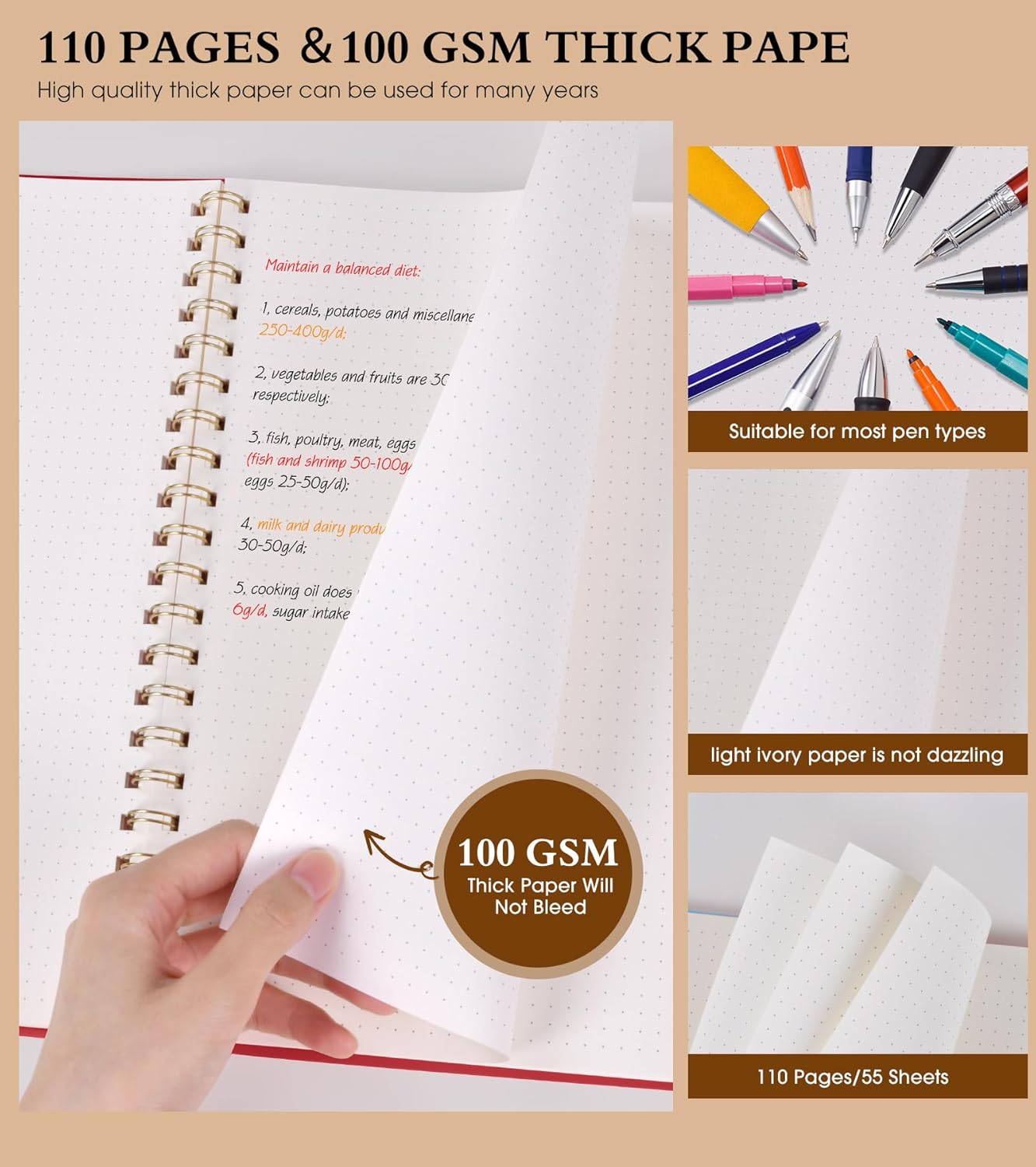 Dotted Notebook, Spiral Notebook Journal 8.5” x 11”, A4 Large Dot Grid Notebooks for Women Men, 100 GSM Dotted Paper, Plastic Hardcover Spiral Bullet Journals for Work School Sketching, Red