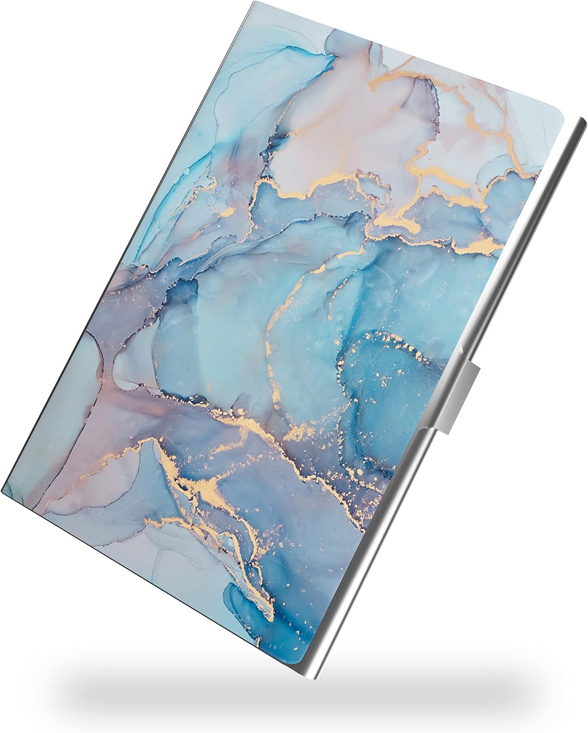 Business Card Metal Slim Organizer, Professional Stainless Steel Square Pocket Wallet for Office Workers, Compact and Portable for Pockets (Blue Marble