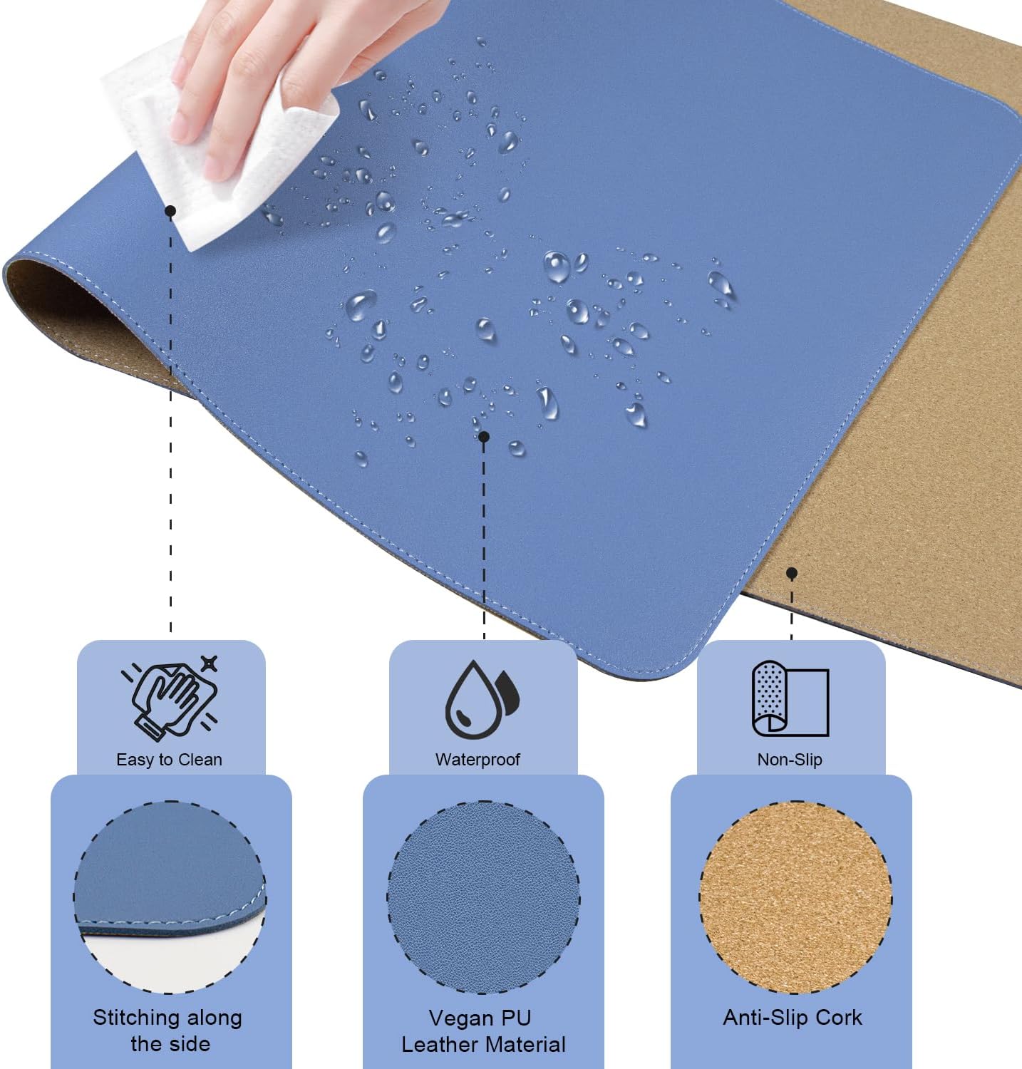 Large PU Leather Desk Pad Protector, Non-Slip Computer Mat, 55'' x 17'' Office Mat for Home & Office, Laptop Blotter Pad for Mouse and Keyboard, Lake Blue