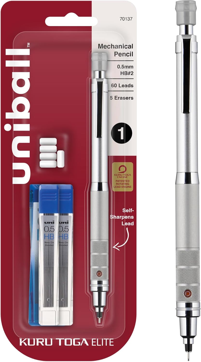 Uniball Kuru Toga Elite Mechanical Pencil Starter Kit with Silver Barrel and 0.5mm Tip; 60 Lead Refills; and 5 Pencil Eraser Refills; HB #2; Office Supplies; School Supplies; Drafting
