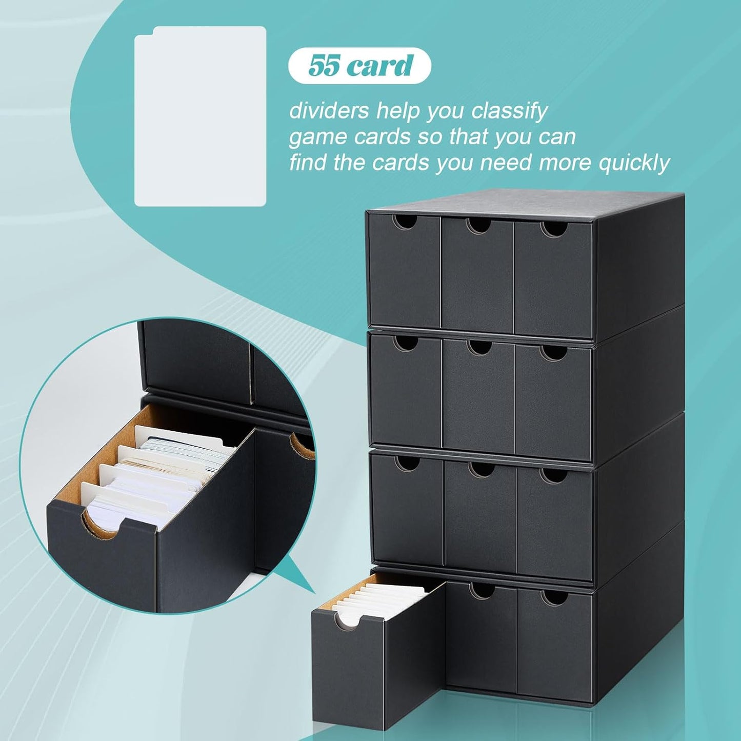 Cholemy Trading Card Storage Box 15000+ with 70 Cardboard Storage Divider, Label Sticker for Collection Compatible with TCG, Sport Cards(4 Row, 3 in A Row,Black)