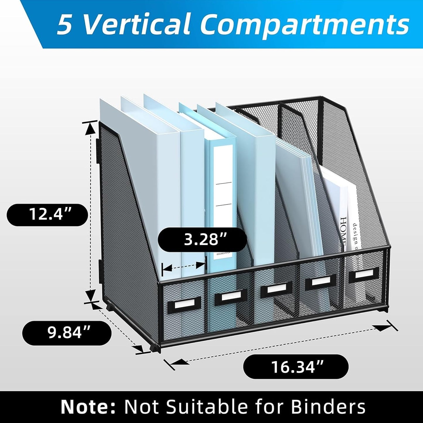 SUPEASY Desk Organizers Metal Desk Magazine File Holder with 5 Vertical Compartments Rack File Organizer for Office Desktop, Home Workspace, Black
