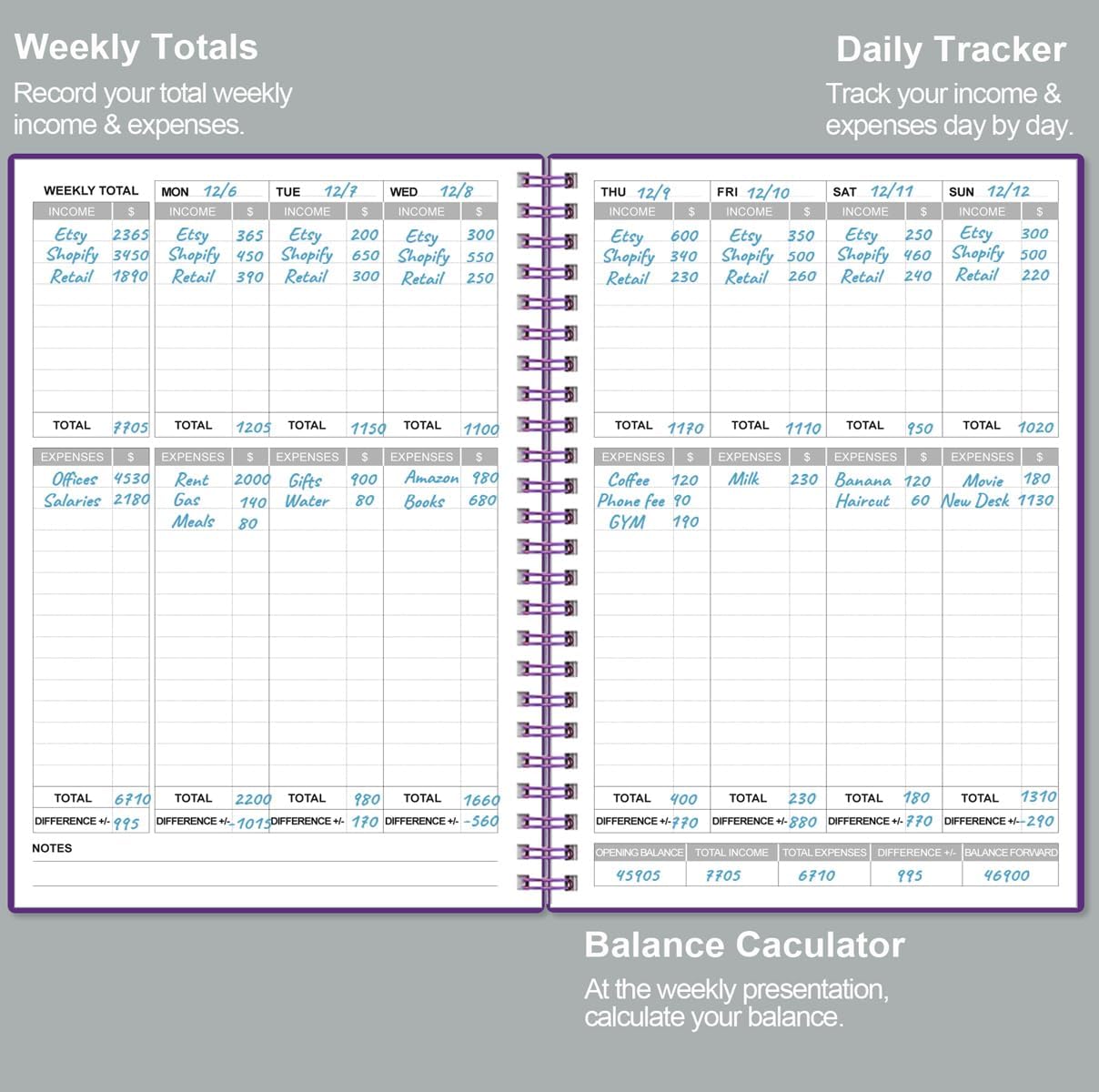 Heveboik Income & Expense Log Book - A5 Income and Expense Tracker for Small Business, Accounting Bookkeeping Tracking for Woman and Man, 5.8" x 8.3", Purple
