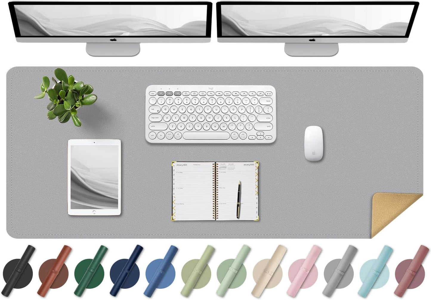 BLESWIN Large Desk Pad Mat 47.2"" x 17"", Office Desk Mat, Non-Slip PU Leather & Cork Desk Blotter for Keyboard and Mouse, Large Desk Mat, Large Mouse Pad for Office & Home(Light Grey)