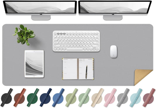 BLESWIN Large Desk Pad Mat 47.2"" x 17"", Office Desk Mat, Non-Slip PU Leather & Cork Desk Blotter for Keyboard and Mouse, Large Desk Mat, Large Mouse Pad for Office & Home(Light Grey)