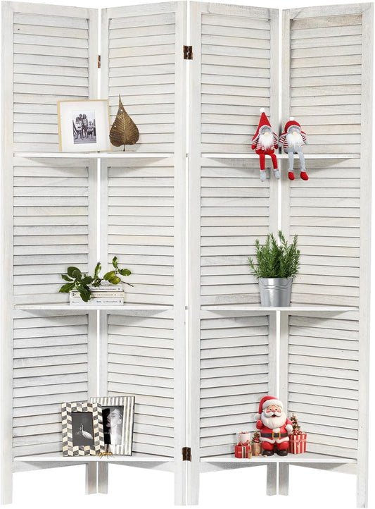 NicBex 4 Panel Room Divider 5.6FT Louvered Design Room Dividers with Display Storage Shelves Folding Privacy Screens Portable Freestanding Partition Wall Dividers for Home Bedroom Office, White