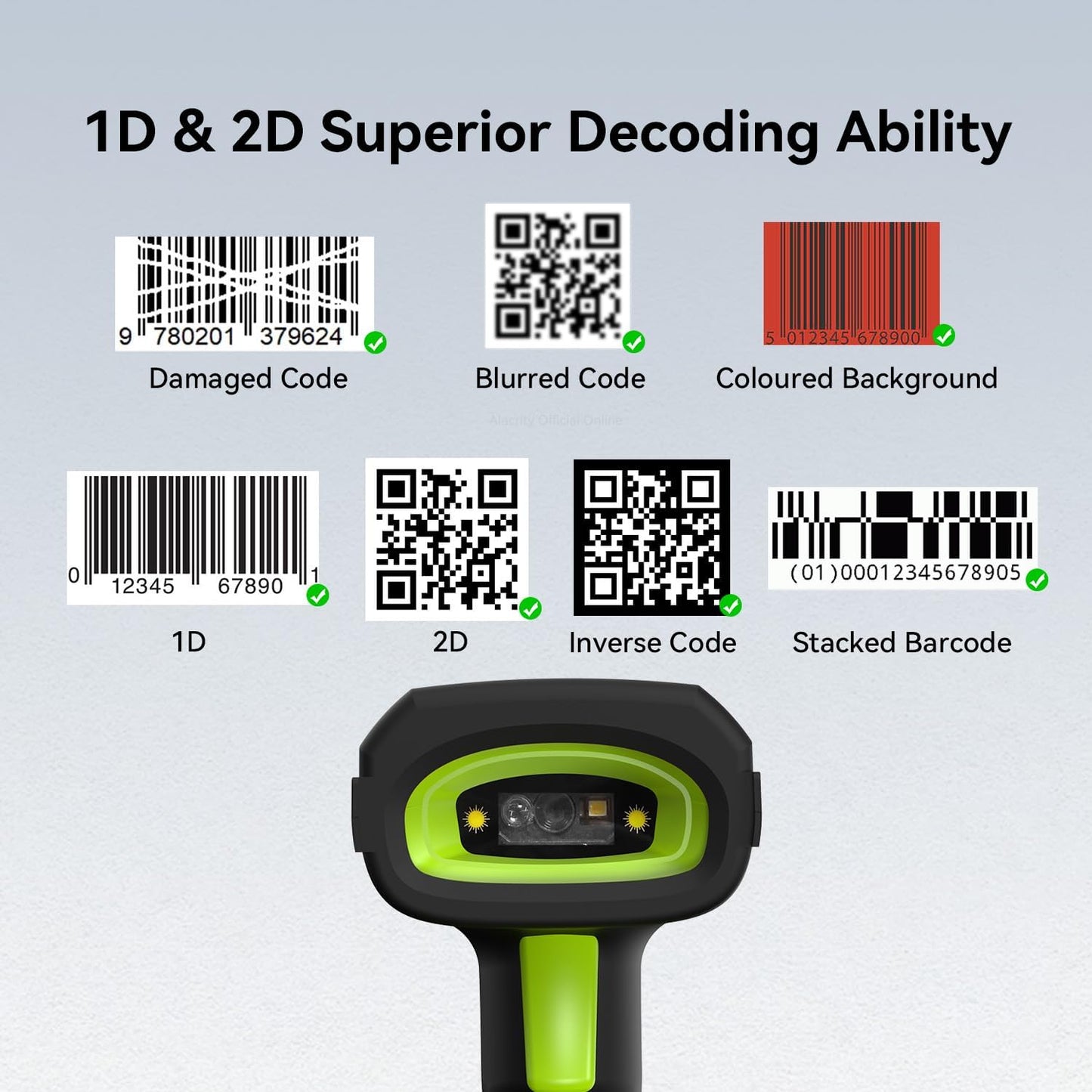 Alacrity Wireless Charging Barcode Scanner with Display Screen, 1D/2D Symbologies, Global Shutter Sensor, Long-Distance 433MHz Wireless & Bluetooth Connectivity, Industrial Shock and Dust-Proof, Green