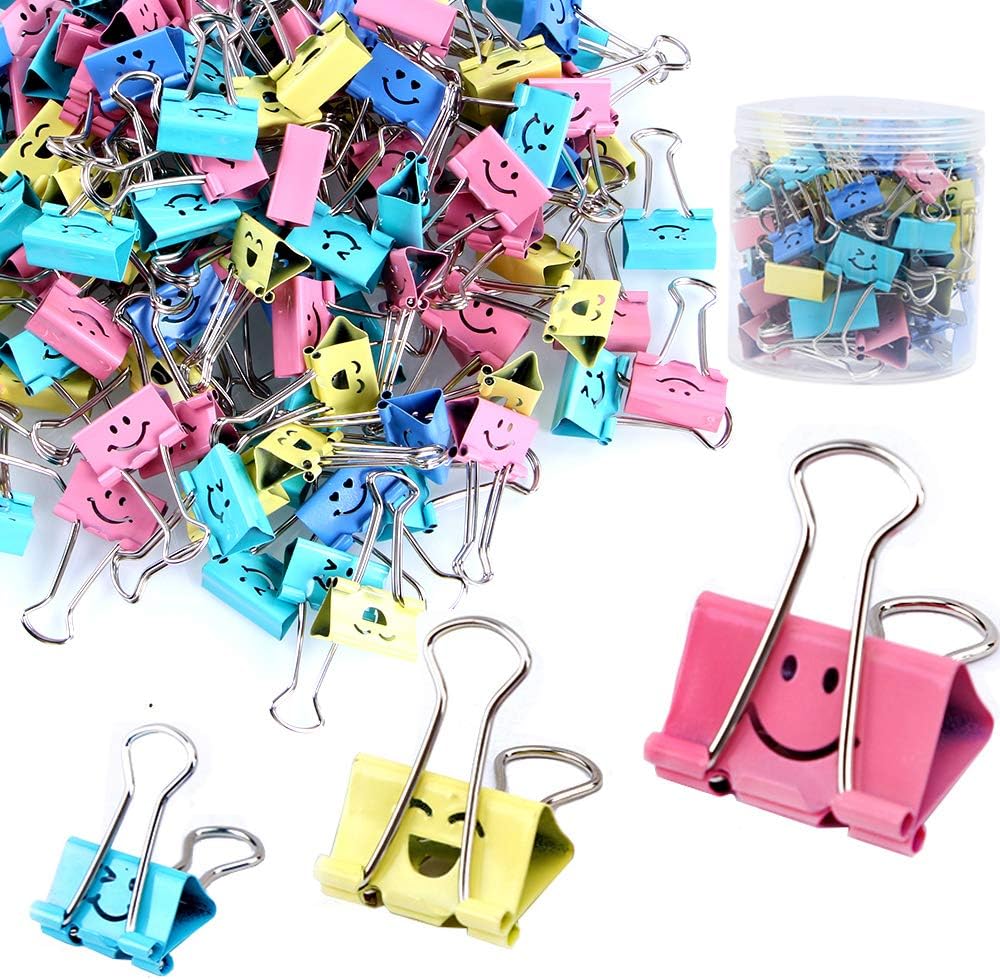 【64pack】 Binder Clips, Limque Paper Clips,Paper Clamps with Colored Cute Hollow Smiling Face,64 Pcs Assorted Size Clip, for Office,Teacher Gifts and Kitchen (BC-64pack)