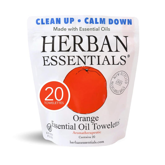 Herban Essentials - Orange Wipes & Towelettes - Essential Oil Wipes for Make Up, Hands, Face & Body - Travel Size Essentials & Toiletries - Natural, Individually Wrapped, Disposable & Moist (20 count)