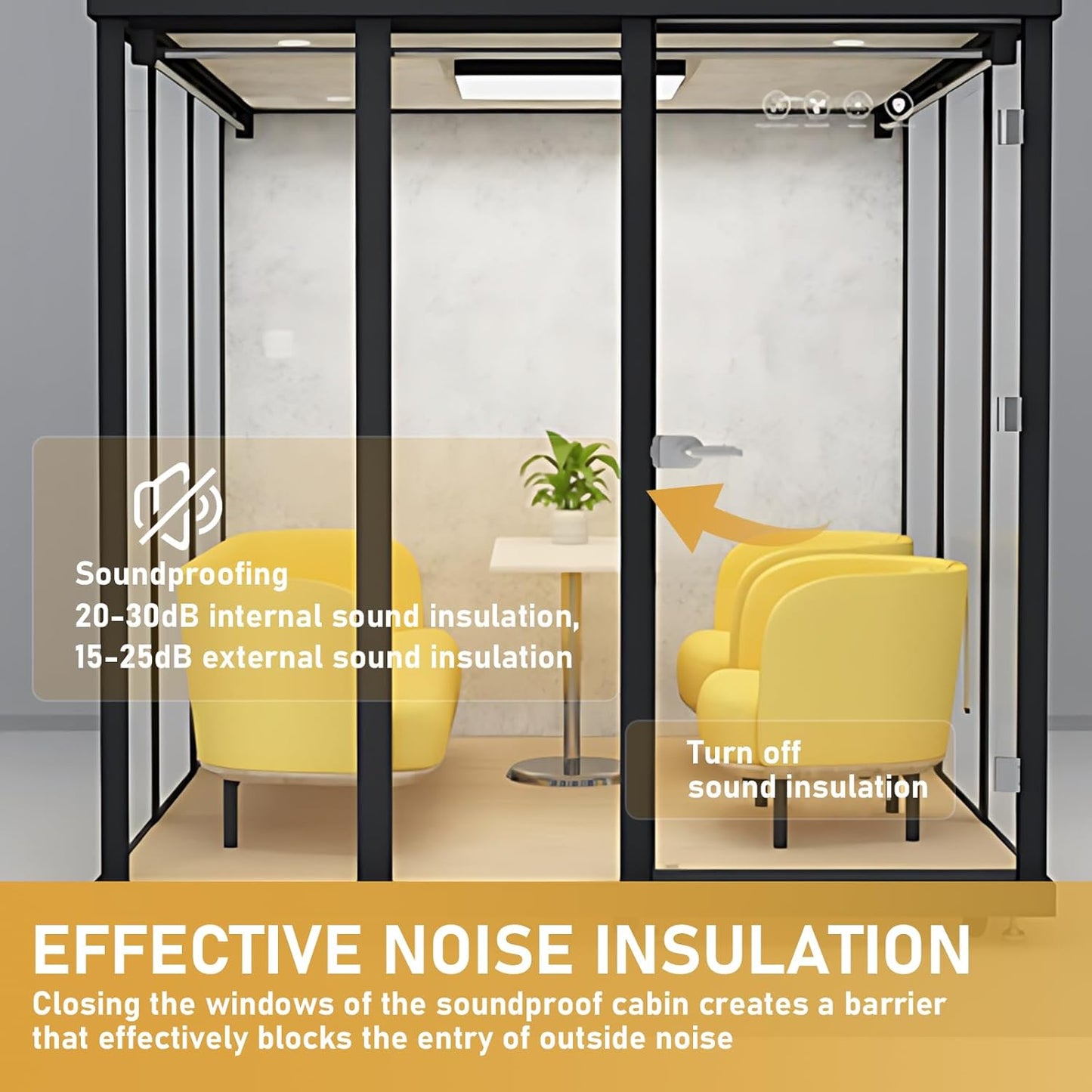 Office Sound Booth with Audio Privacy - Modern Soundproof Booth Includes Black Transparent Glass Design,Freestanding Office Room with Light, Fans,Casters for Negotiation,Meeting(86.61IN)