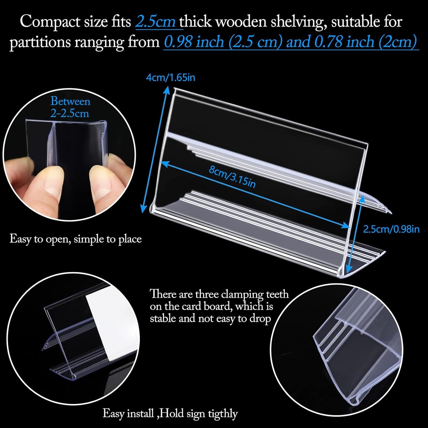 36pcs Wood Shelf Label Holder Plastic Price Tag Holder Supermarket Retail Sign PVC Clear Shelf Label Holder (Includes 50 Pieces Label Inserts) Perfect Fits 25 mm Wooden Shelving.