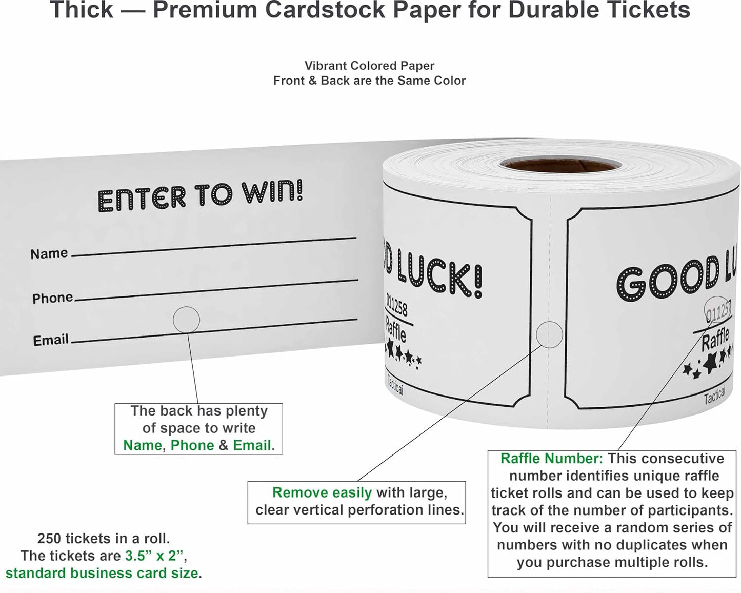 Tacticai 250 Raffle Tickets, White (1 of 8 Colors), Raffle Cards, Entry Form with Name, Phone & Email for Events, Fundraiser & Prizes
