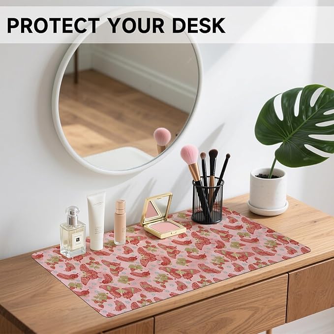 Botanical Floral Desk Pad Blotter,Large Mouse Pad 35 x 17in,PU Leather Desk Mat Writing Pad Protector, Non-Slip Waterprrof,Desktop Decor for Home Office Women Girls (Pink Stawberry Butterfly)