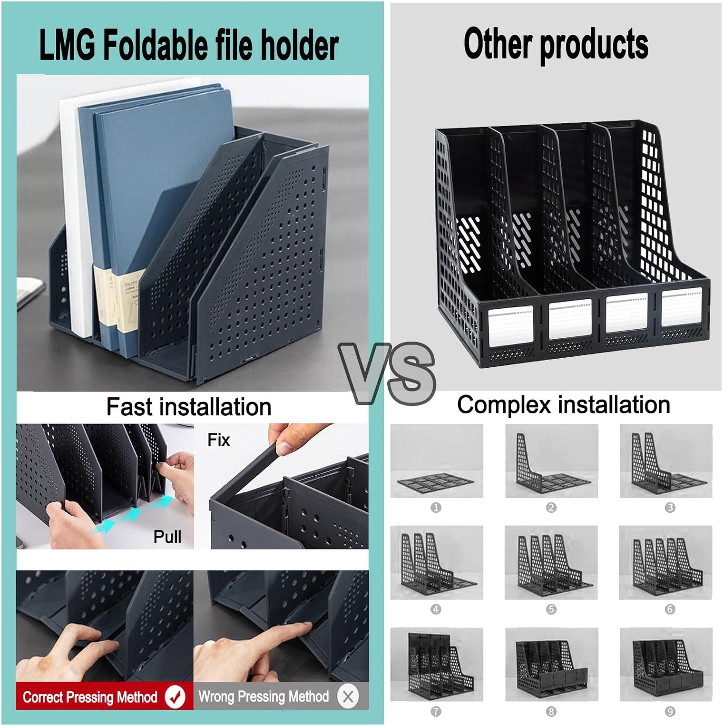 Lemical Magazine Holder 4 Vertical Compartments Collapsible Magazine File Holder Space Saving Rack Home Kitchen Desk Organizer No Need Assemble (Black)