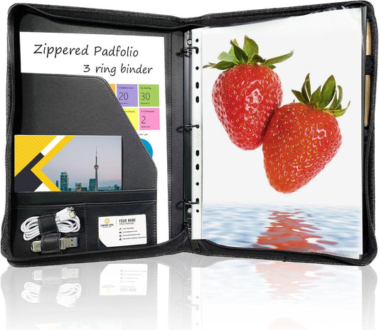 Yodo Zippered Portfolio 3-Ring Binder Business PU Leather Portfolio Interview Resume Legal Document Organizer Notepad Folder Padfolio for Men Women