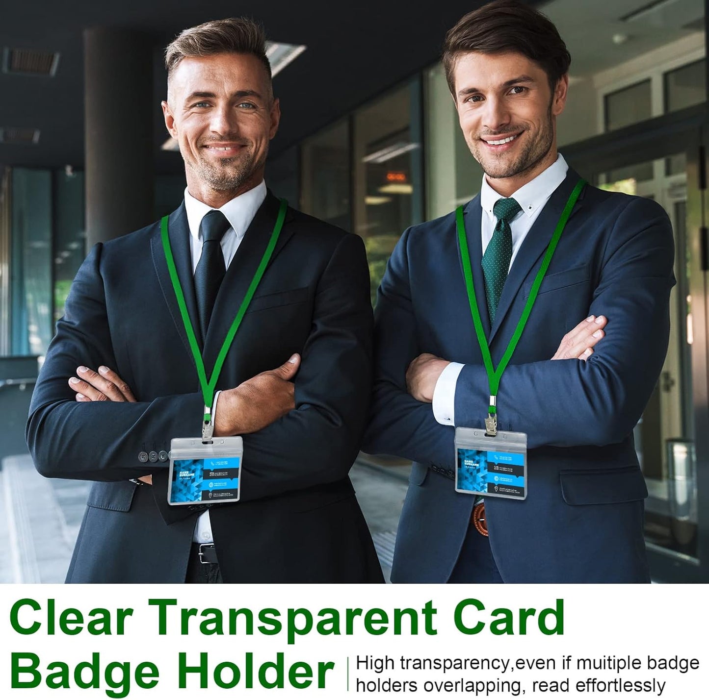 Marspark 100 Sets Clear Name Tags with Lanyard, Lanyards for ID Badges Reusable Strap with ID Holder Plastic Name Badges for Adults Business School Church Conference (Dark Green)