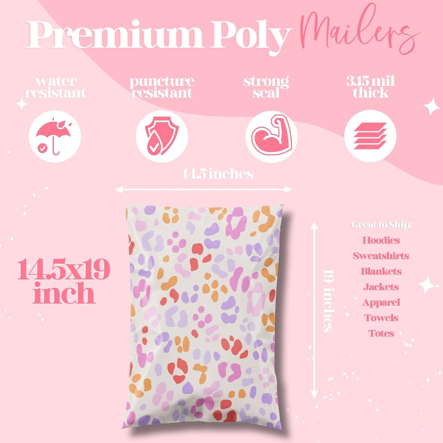 14.5x19 Designer Poly Mailer 100 Pack Heavy Duty Waterproof Self Seal Shipping Bags for Small Business Large Mailing Envelopes Bulk Tear Resistant Cute Packaging Preppy Leopard