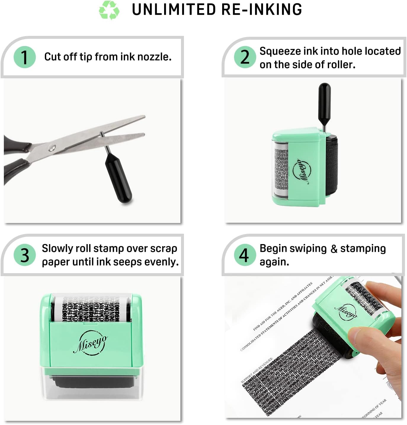Miseyo Wide Identity Theft Protection Roller Stamp Set - Mint Green (3 Refill Ink Included)