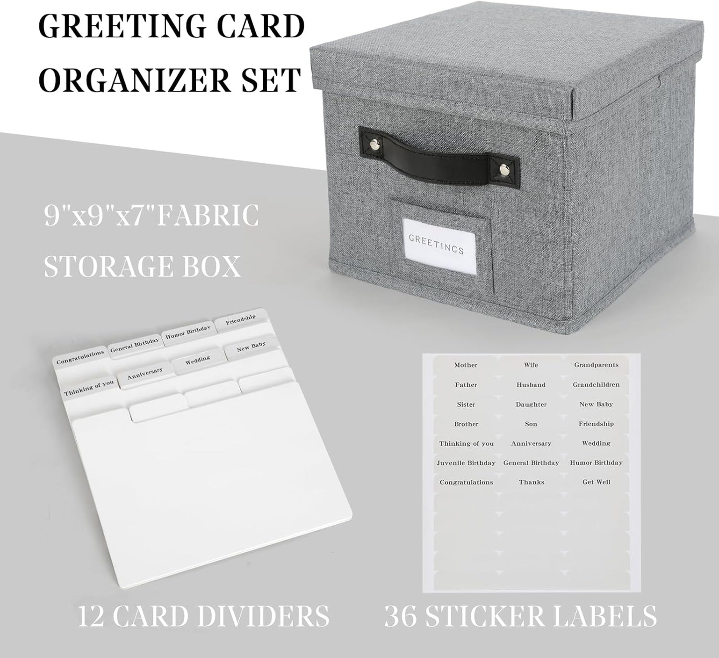 Greeting Card Organizer with dividers - Storage Box with lid Holds 150+ Cards - Assortment Box for Greeting Cards,Recipes, Photos, Envelopes, Keepsake - 9 x 9 x 7 Inches (Gray, 1 pcs)