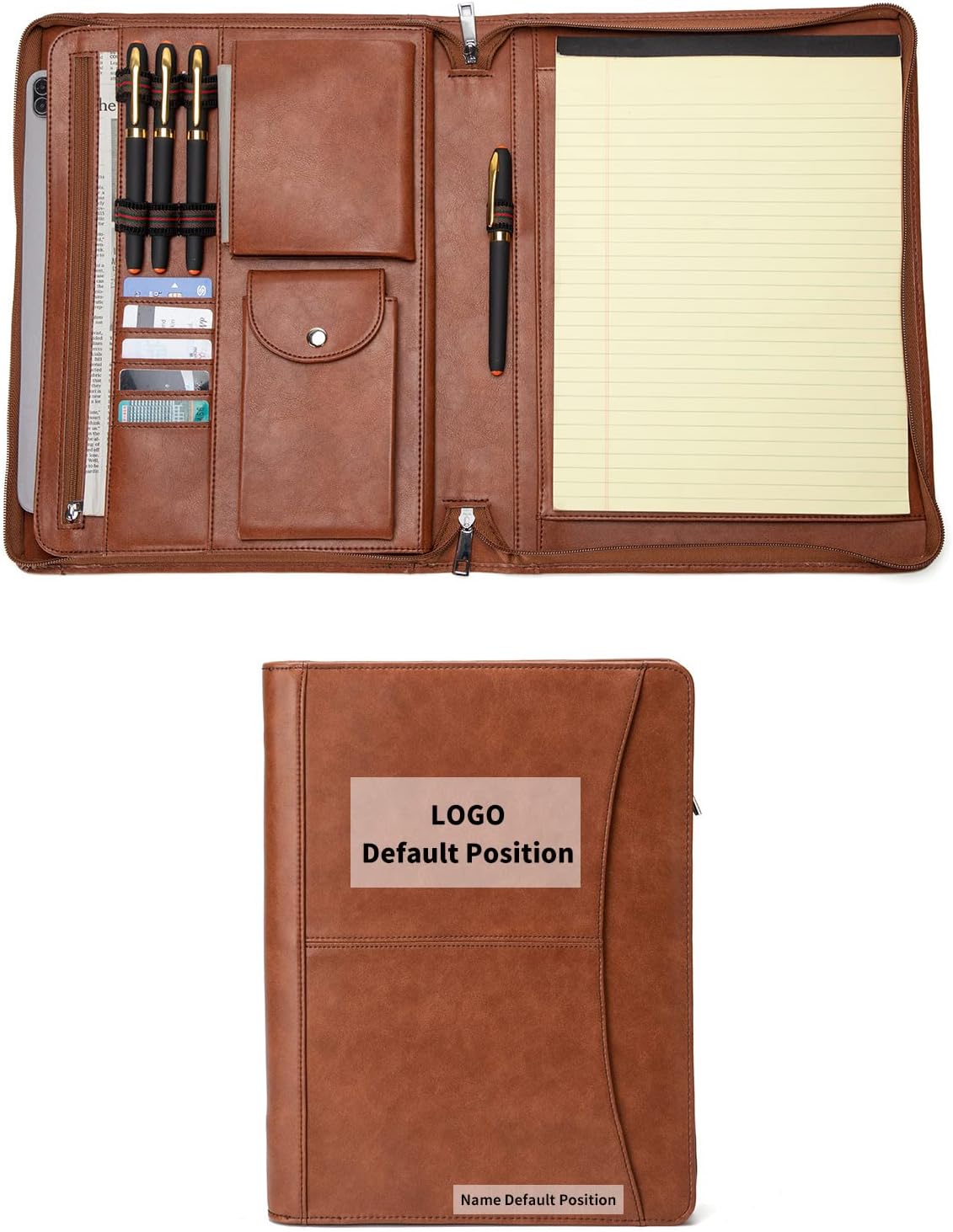Personalized Vegan Leather Portfolio with Front Pocket for Men and Women, Custom Zippered Padfolio Binder for 8.5 x 11 Legal Pad Notebook, Professional Laptop Case, Brown