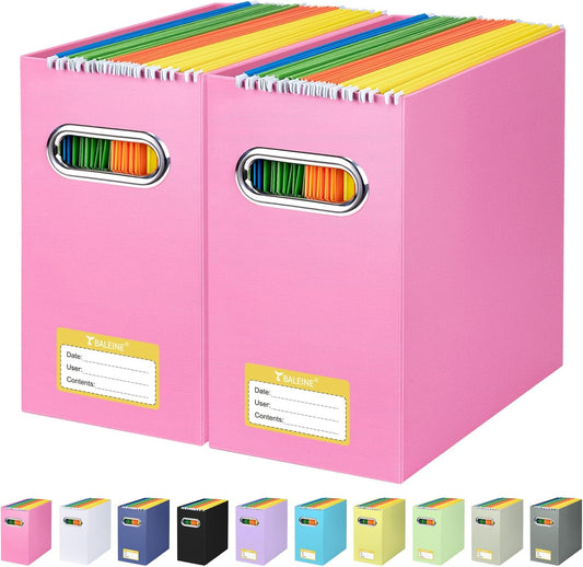 BALEINE File Organizer Box, Cardboard File Folder Organizer with Handle for Letter Size, Portable Collapsible Hanging Filing Box for Home Office Document Storage (2 Pack, Pink)