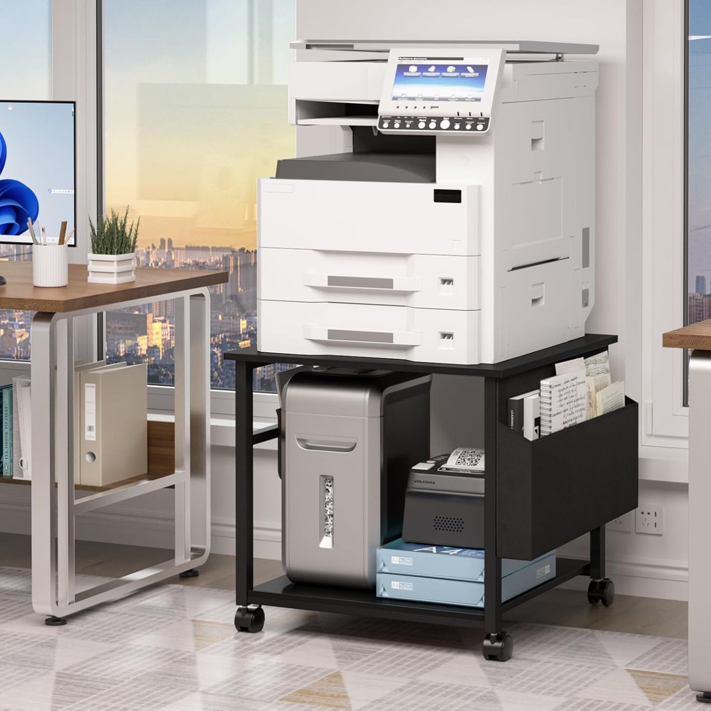 Lerliuo Large Printer Stand with Storage Shelf, 23.6 x 23.6 x 22.8 Industrial Printer Table for Home Office, Rolling Printer Cart Holder with Lockable Wheels, Mobile Mini Fridge Stand Table (Black)