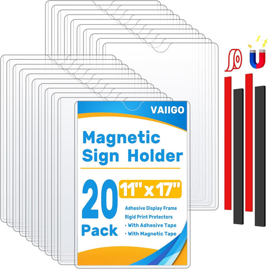 Magnetic Sign Holder 11 x 17, 20 Pack Rigid Magnetic Paper Holder Poster Display Frame, Clear Plastic Document Protectors with Magnet & Adhesive, Adhesive Frame for Wall Door Fridge Window