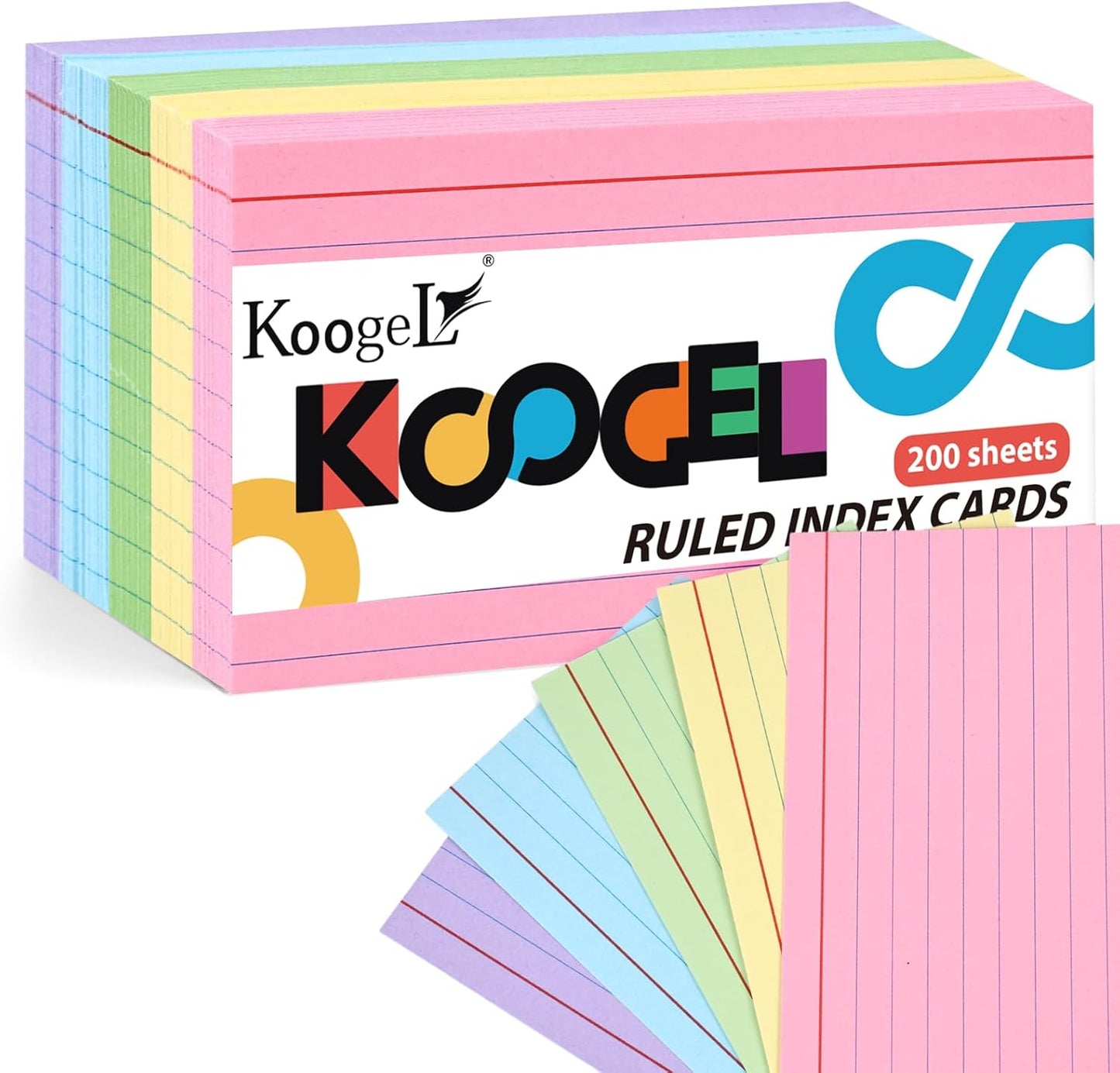 Koogel 200PCS Index Cards 3 x 5, Colored Index Cards Lined Ruled on both Sides for Back to School, Heavy Notecards Flashcards for Studying Office, Home, College, To Do List Supplies