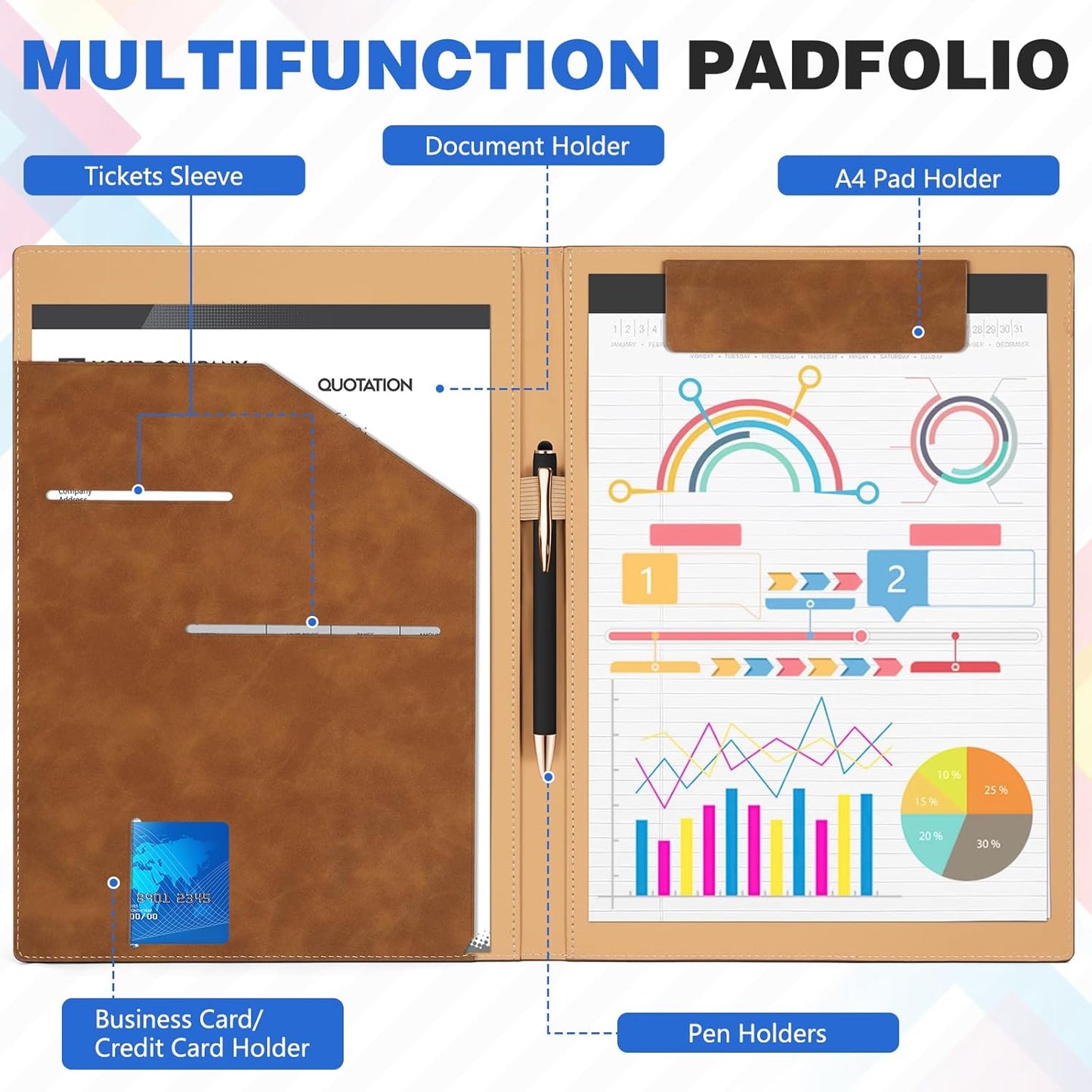 Personalized Padfolio Folder, Leather Custom Portfolio for Men & Women Resumes Office Business, A4 Portfolio Binder for Office College Resumes (Brown)