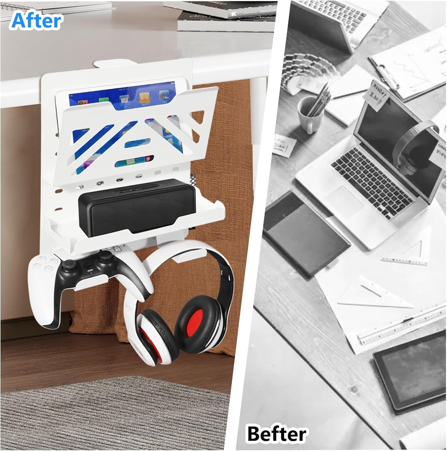 MAXECHO Desk Side Storage Holder, Metal Pegboard, Above or Under Desk Laptop Mount, Table Side Hanging File Organizer, Clamp On Cable Management Tray, Peg Board for Gaming, Office