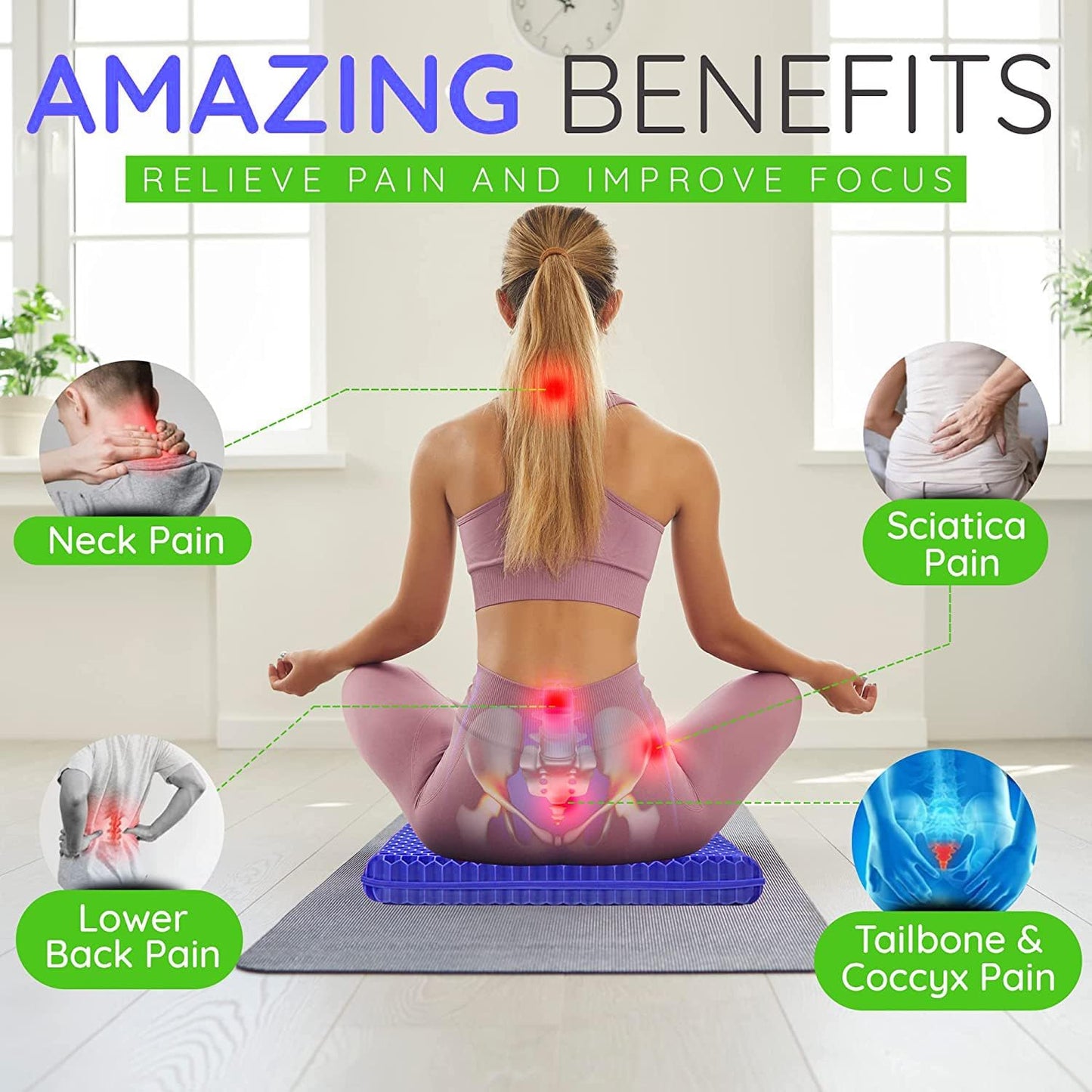 Gel Seat Cushion, 19x19inch Super Large Gel Cushion Pressure Pain Relief Seat Cushion for Long Sitting, Soft Breathable Gel Chair Pads for Home Office Wheelchair Car Seat (Blue)