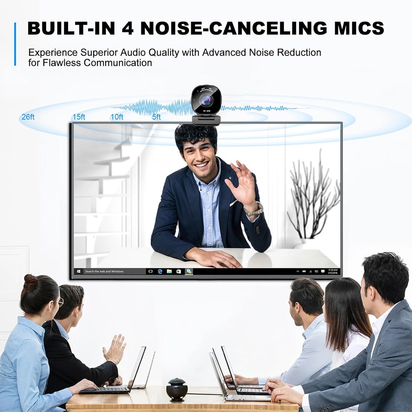 4K USB Webcam with 4 Noise-Canceling Mics, 50-92 FOV, Built-in OSD & Privacy Cover, Plug & Play for Zoom, Teams, Recording