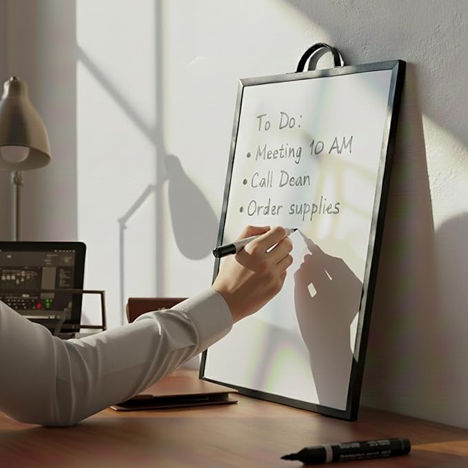 Small Whiteboard 12 x 16 Inch Magnetic Dry Erase Board with Handle | Black Aluminum Frame | Double-Sided Planner Board with Weekly & Monthly Sheets | 3 Markers, Eraser & 2 Magnets