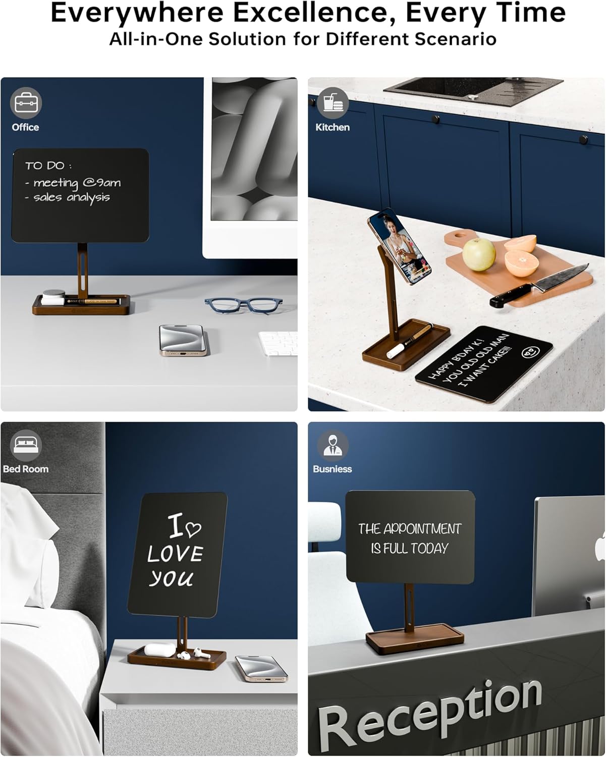 YEOUX Premium Desktop Glass Whiteboard & Magnetic Phone Stand 2-in-1 | 360° Adjustable | Solid Wood | MagSafe Compatible, Small Dry Erase Board for Office Home Desk