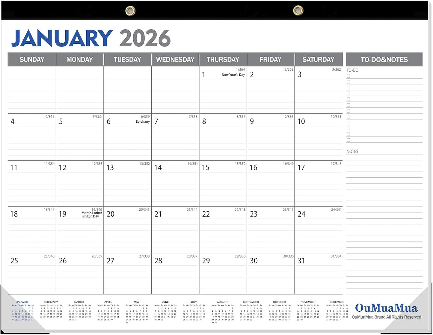 OuMuaMua Large Desk Calendar 2026-2027 - 18 Months from Jan. 2026 through Jun. 2027, 22 x 17 Inches Desktop Wall Calendar with Julian Date To-do & Notes, Corner Protectors for School Home Office