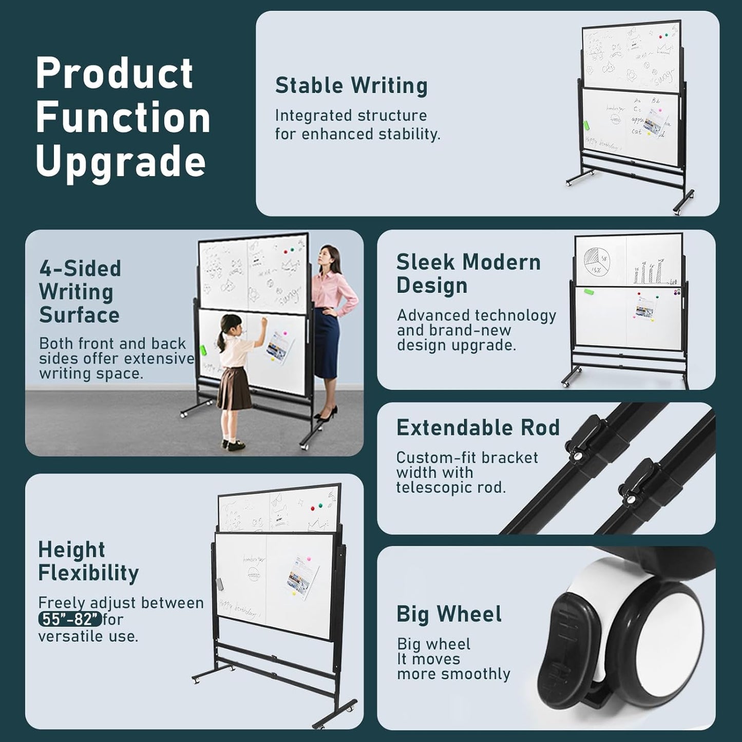 72x60 Inch Large Rolling Dry Erase Whiteboard | Height Adjustable Standing Easel with Wheels | Magnetic Double-Sided Board for Office, Home & Classroom | Teaching Supplies