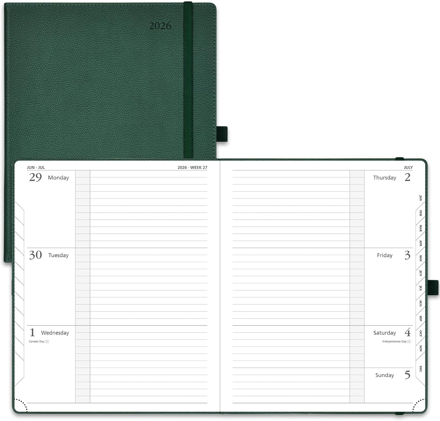 POPRUN Weekly Planner 2026 Calendar (Large 8.5" x 10.5") 12 Months Notebook with Horizontal Layout, Leather Hardcover, Inner Pocket, 100GSM Thick Paper, Pen Holder - Army Green