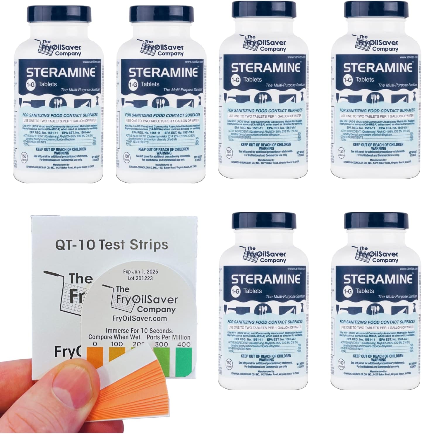 Pack of 6 (900 Tab) Steramine Sanitizing Tablets w/ 30x QT-10 Test Strips by FryOilSaver Co., Steramine Multi Purpose Contact Solution Sanitizer Tablets for Gym, Hotel, Bar, Restaurants & Food Service