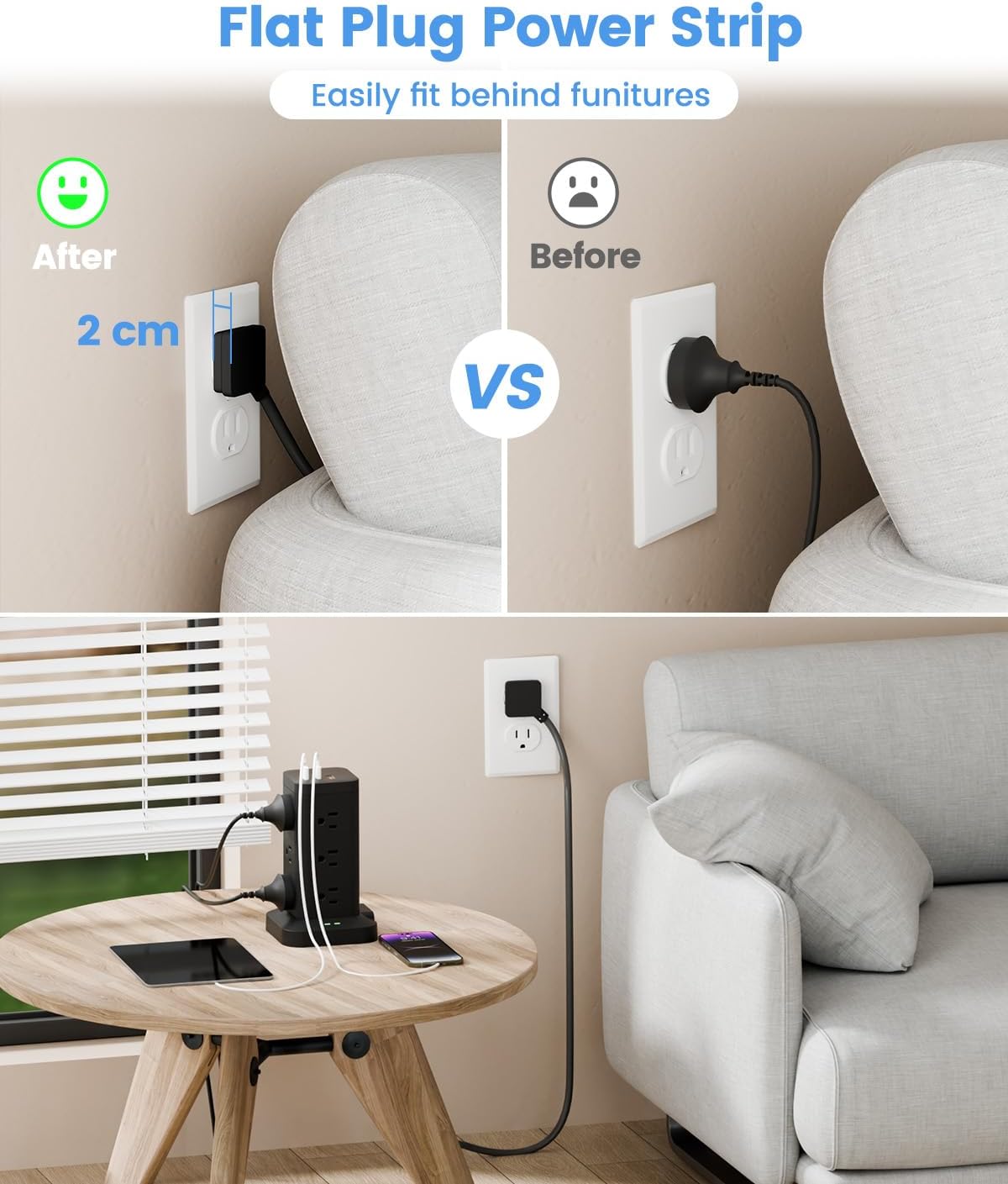 15-in-1 Power Strip Tower with Surge Protector 1800J, Fast Charging Tower PD20W USB-C Ports with 12 AC Outlets, 6ft Extension Cord for Home Office Dorm Room, Black