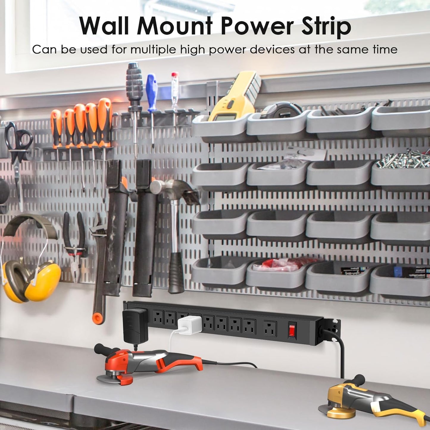 JUNNUJ Multi Angle Mount 10 Outlet Power Strip Heavy Duty, 2700J Surge Protector Under Desk with Switch 15A, Garage Workbench Power Strip Gaming Outlet Table Wall Mountable, 10FT 14AWG Extension Cord