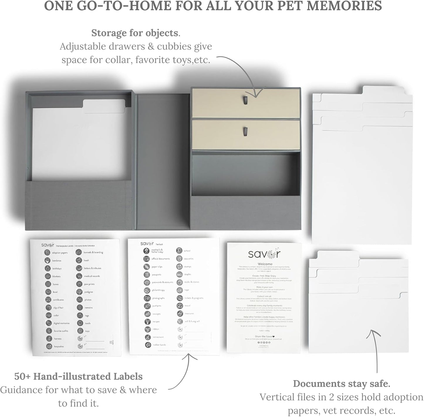 Savor | All-in-One Organizer | Gray Keep Vet Records, Tags, Collars and Fido's Favorite Toy Organized or Keep Cherished Pet Memories Safe in One Convenient Home with This Gift for Pet Parents