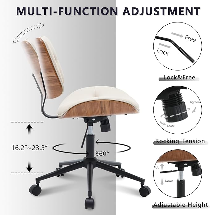 Armless Home Office Chair with Wheels, PU Leather Adjustable Height Computer Desk Chair, 360 Swivel Small No Arms Chair, Modern Button Walnut Style for Office, Reading Meeting Room(Beige)